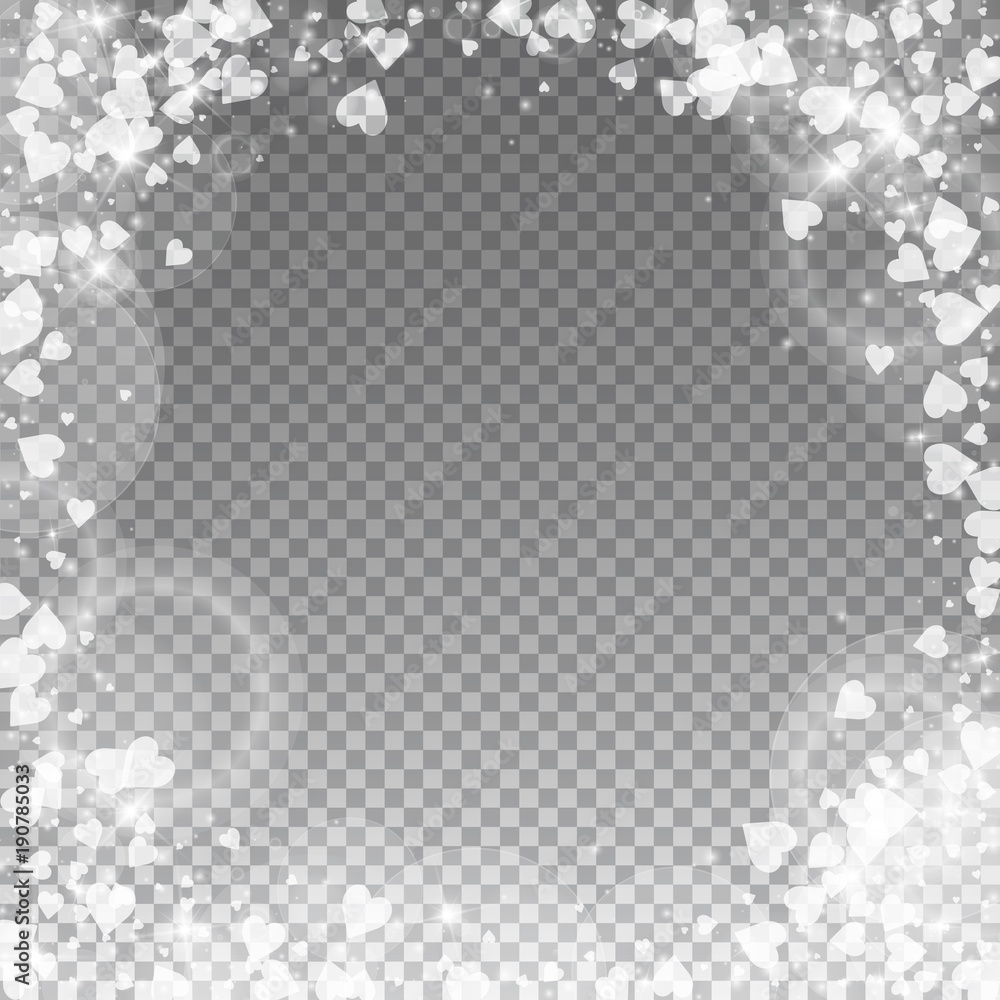 Falling hearts valentine background. Corner frame on transparent grid dark background. Falling hearts valentines day modern design. Vector illustration. Falling hearts valentine background. Corner frame on transparent grid dark background. Falling hearts valentines day modern design. Vector illustration.