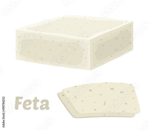 Vector feta cheese block, triangle piece. Slice, chunk. Cartoon flat style.