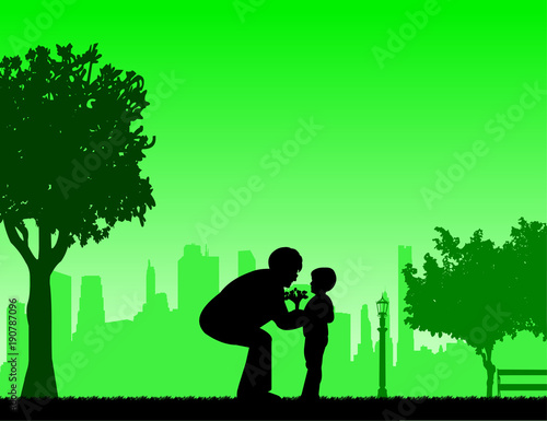 The grandchild brings a grandmother of flowers bouquet, one in the series of similar images silhouette