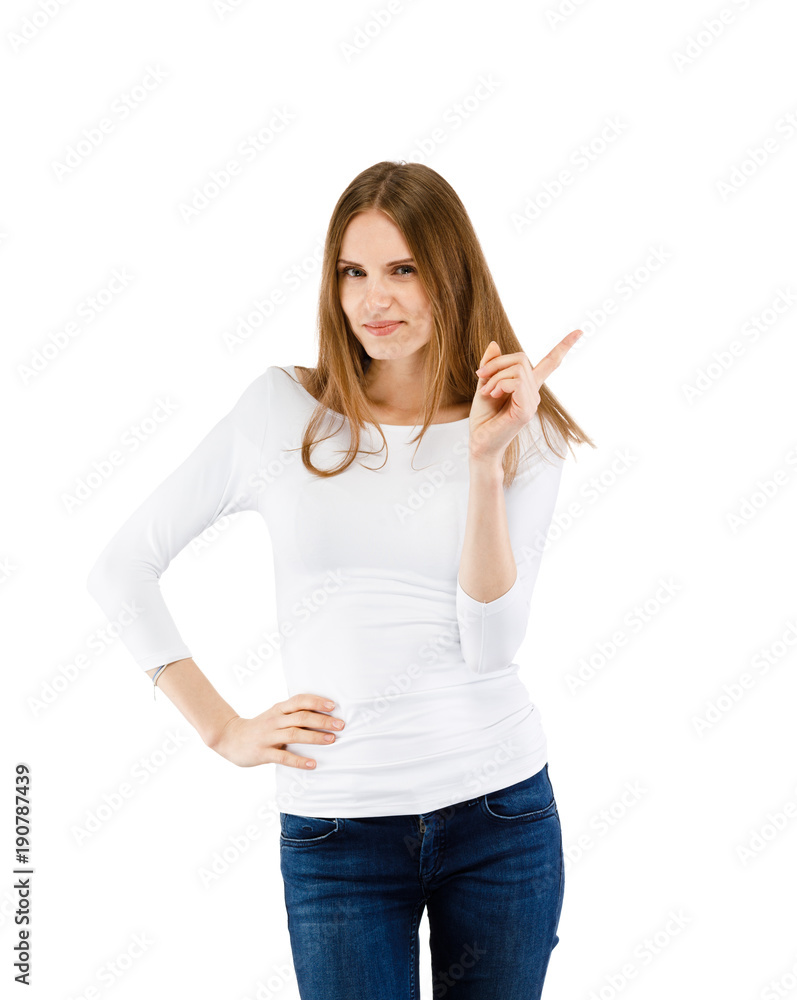 Woman pointing on white background Woman pointing on white background