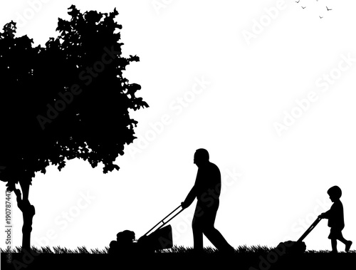 Grandson helps grandfather mow grass, one in the series of similar images silhouette