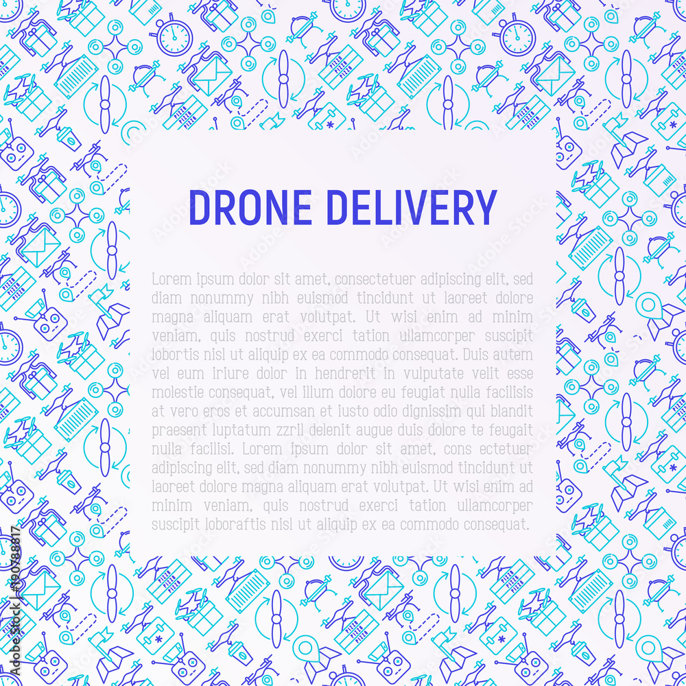 Drone delivery concept with thin line icons: quadcopter, flying drone with package, remote control, front and side view. Modern vector illustration of innovative transport for banner, print media. Drone delivery concept with thin line icons: quadcopter, flying drone with package, remote control, front and side view. Modern vector illustration of innovative transport for banner, print media.
