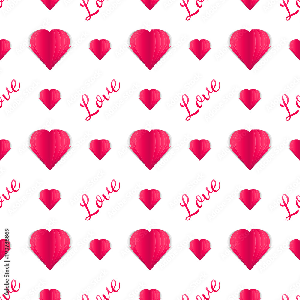 Seamless pattern of paper hearts and text. Idea for your design on the Valentine's Day. Design for holiday gift wrapping. Paper cut illustration. Love.