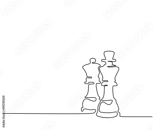 Continuous line drawing. Chess pieces queen and king. Vector illustration