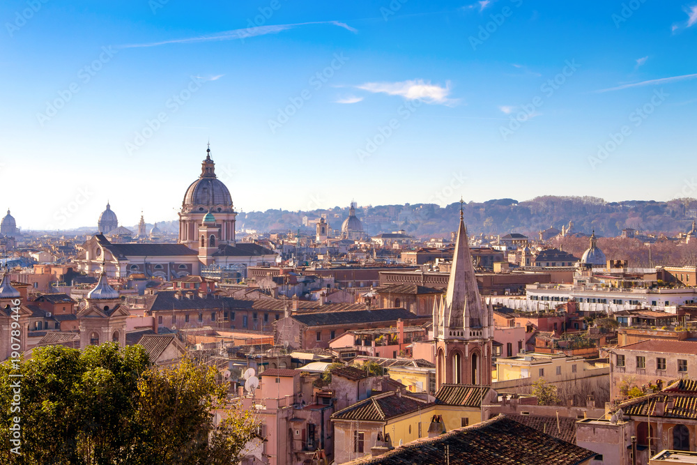 Aerial view of the Rome Italy. Beautiful cityscape view of Rome skyline from hilltop.