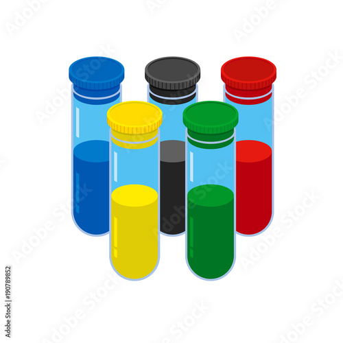 Doping test concept. Five colored glass flask