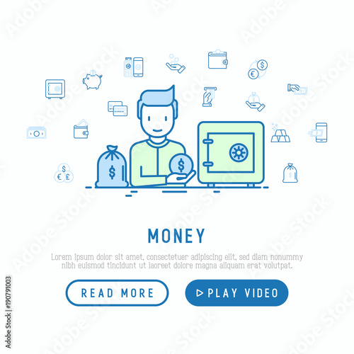 Money concept: man near safe and bag of gold with thin line icons: cash, credit card, pos terminal, piggy bank, wallet, hand with coins. Modern vector illustration, web page template © AlexBlogoodf