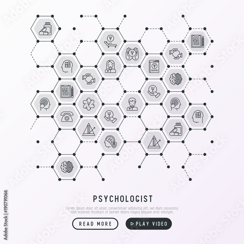 Psychologist concept in honeycombs with thin line icons: psychiatrist, disease history, armchair, pendulum, antidepressants, psychological support. Vector illustration for banner, web page.