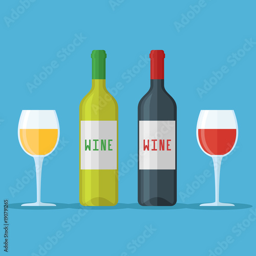 Bottles and glasses of red and white wine isolated on blue background. Flat style vector illustration.