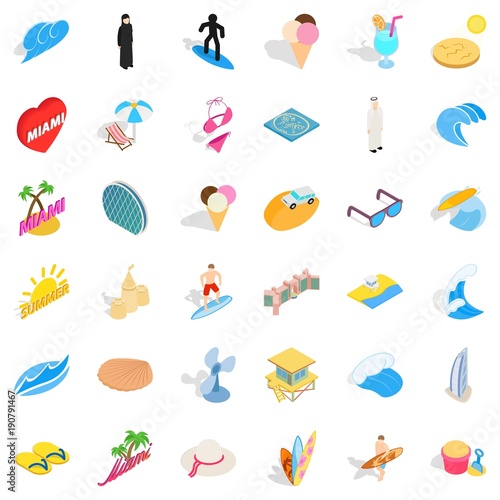 Tropical urban icons set, isometric style