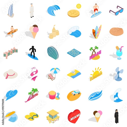 City vacation icons set, isometric style