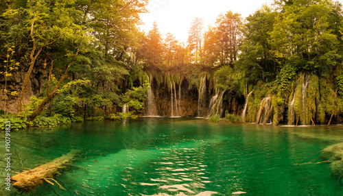 Tableau sur toile Sunset, Waterfall and an old tree in the green water