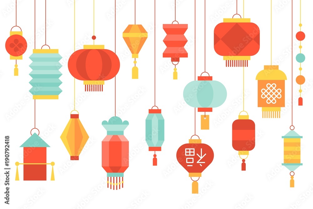 Chinese lantern paper hanging set 1/2, flat design illustration Chinese lantern paper hanging set 1/2, flat design illustration