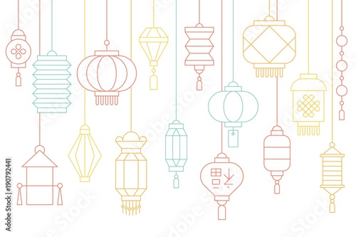 Chinese lantern banner for lunar new year and mid autumn festival  thin line illustration