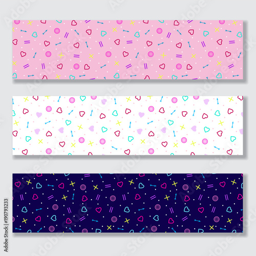Set of banners with geometric pattern and hearts. Background for Valentine's Day or weddings
