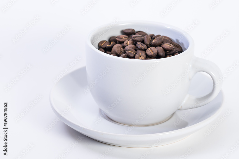 Coffee or espresso cup with coffee beans plain white background Coffee or espresso cup with coffee beans plain white background