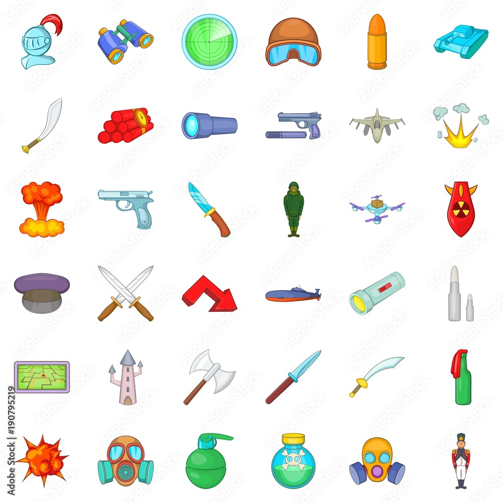 Soldierly icons set, cartoon style Soldierly icons set, cartoon style