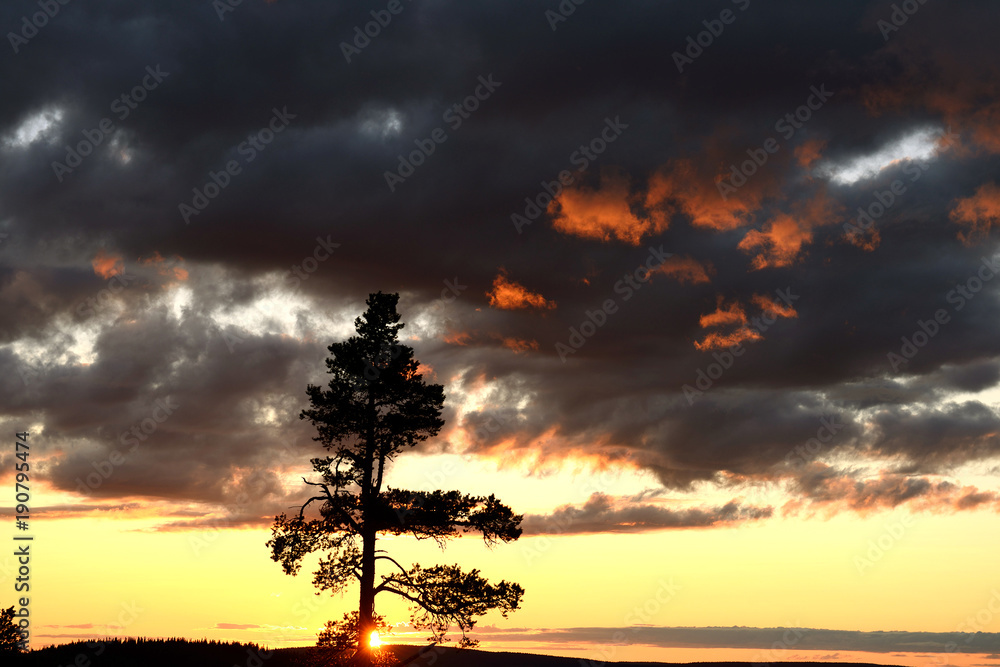 Picturesque sunset in hills. Northern Finland, Lapland