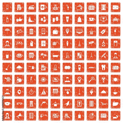 100 hotel services icons set grunge orange