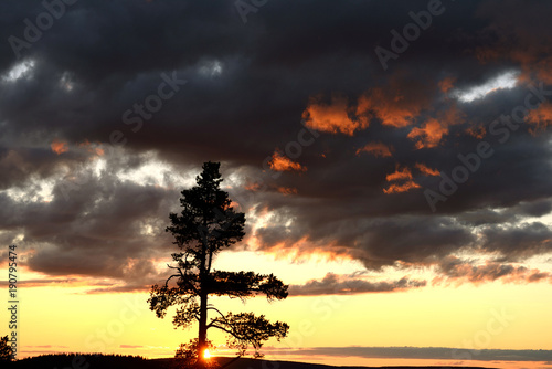 Picturesque sunset in hills. Northern Finland, Lapland
