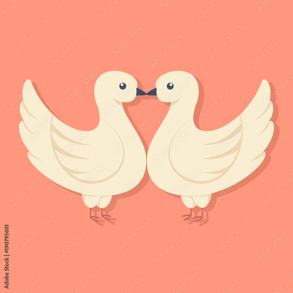 Two doves kissing. Vector cartoon flat icon of enamored birds. Two doves kissing. Vector cartoon flat icon of enamored birds.