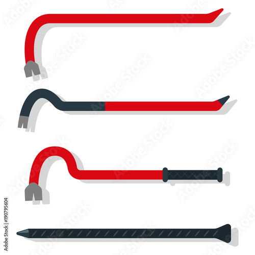 Crowbar tool in different forms. Vector cartoon set of flat icons isolated on a white background.