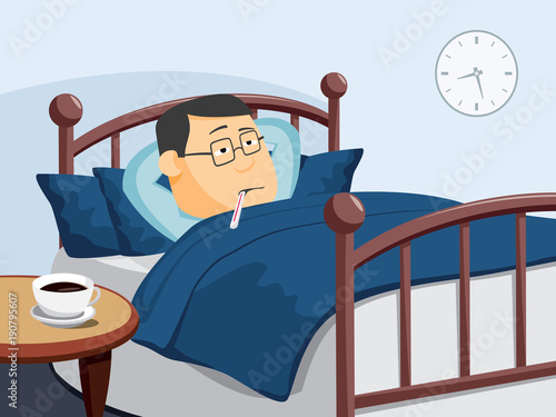 Sick man lies in bed. Headache. Cartoon vector illustration.