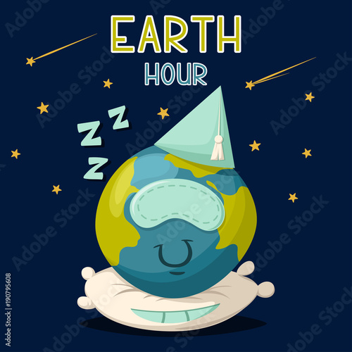 Fototapeta Naklejka Na Ścianę i Meble -  Earth hour vector cartoon poster. Illustration cute planet sleeps on a pillow on the space background with stars.