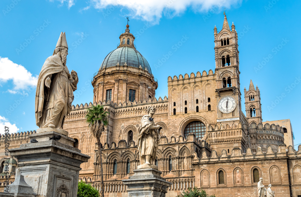 Palermo Cathedral church with statues of saints, Sicily, southern Italy

