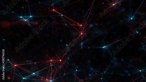 Abstract plexus structure of many glowing lines and particles. Blue and red blurred background with digital composition and optical flares. 3d rendering