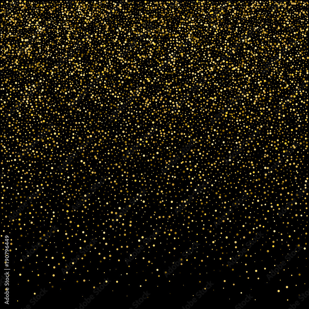 Golden glitter sparkle bubbles champagne particles stars on black background, holiday concept