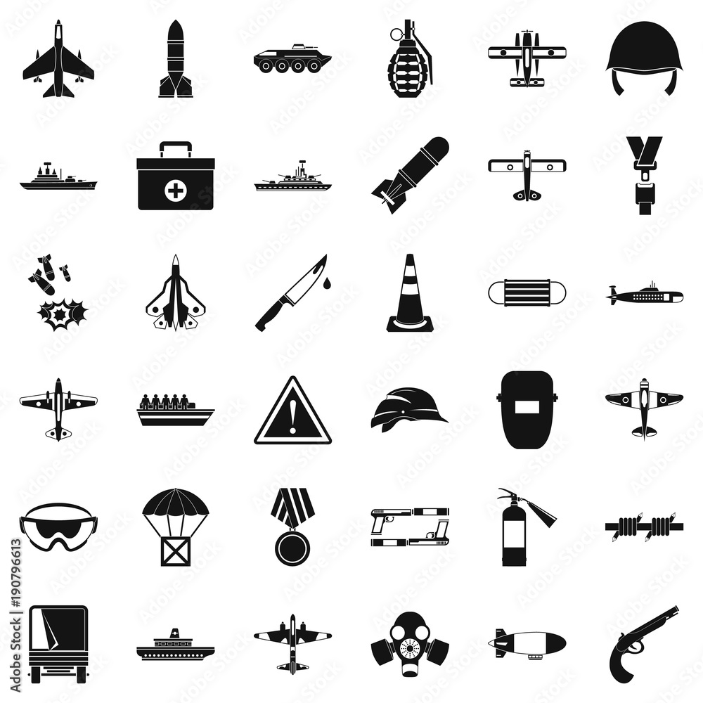 Military warehouse icons set, simple style