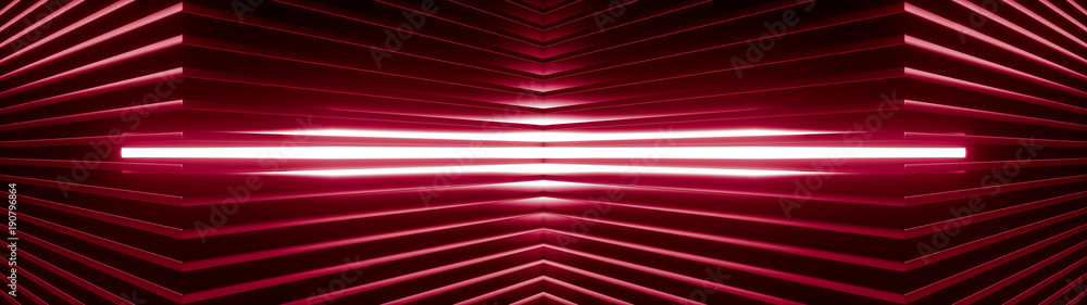 Geometric super wide background made of many red metal shelves with glowing light behind. Abstract symmetric industrial structure. 3d rendering - obrazy, fototapety, plakaty 