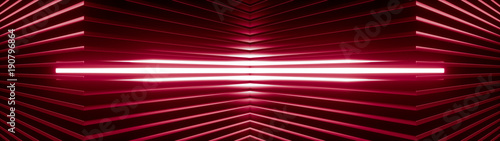 Geometric super wide background made of many red metal shelves with glowing l...