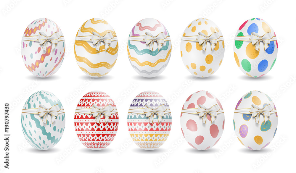 Colorful easter eggs vector graphic with ribbon and bow. Buntes Osterei mit Band und Bogen - fröhliche Ostern. Ostereier, Eier, Ostern, nebeneinander, farbig, bunt, gefärbte.