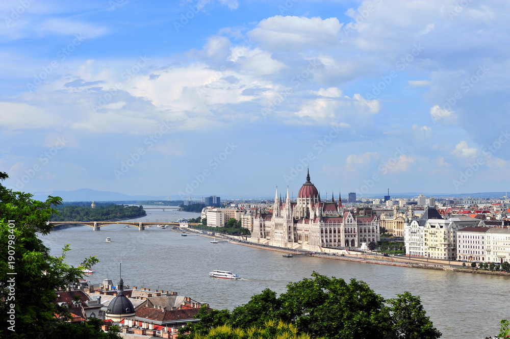 Panorama of Budapest city and parliament