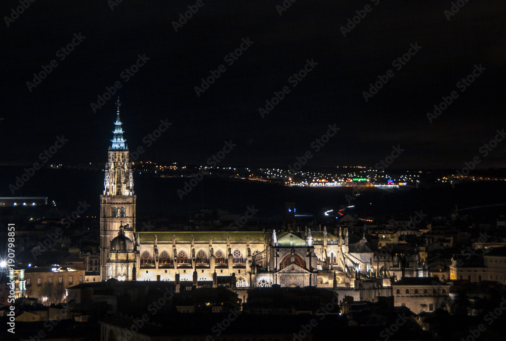 Cathedral of Toledo night view, Spain. The Historic City of Toledo was declared a World Heritage Site by UNESCO in 1986