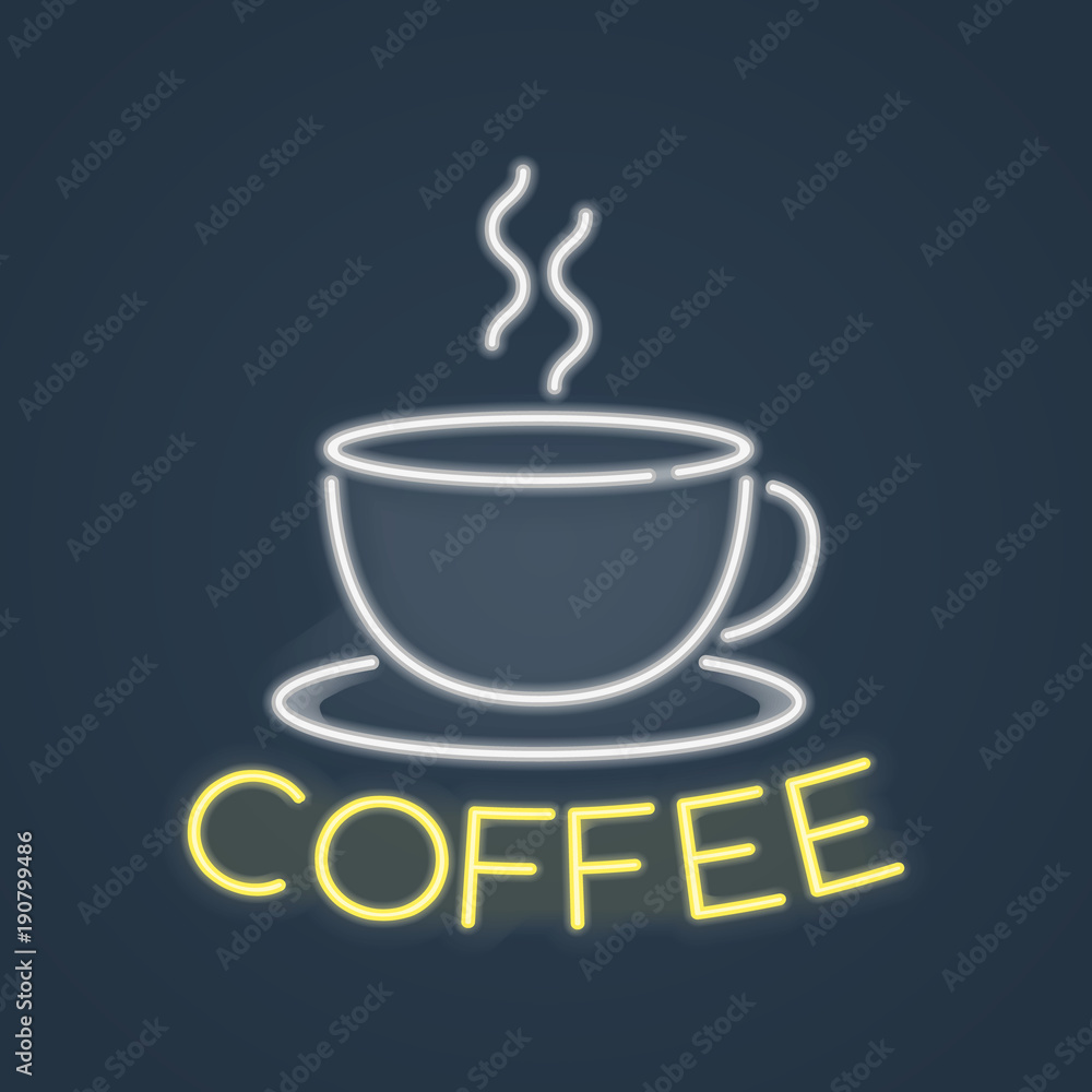 Obraz premium Glowing neon coffee sign. Vector illustration.