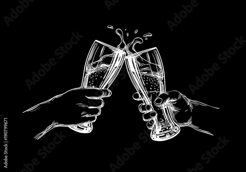 Two men's hands with a cool beer pint, clink glasses with a splash of beer foam. Meeting Friends in a pub. Concept for a bar menu, Oktoberfest, Festival poster, brewing. White on black, vector sketch