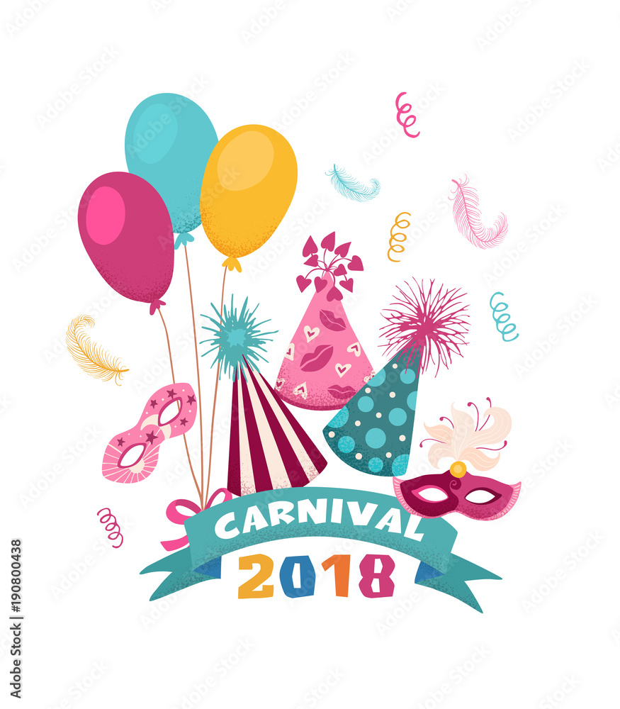 Carnival 2018 banner template with carnaval symbols isolated on white background. Vector colorful funfair illustration with festive cone caps,masks and balloons.