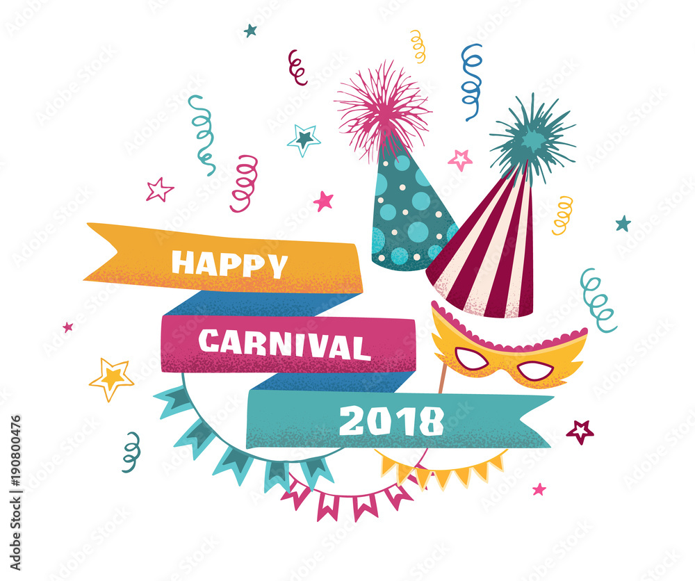 Happy carnival 2018 banner template with funfair symbols isolated on white background. Vector colorful masquerade illustration with festive hats and mask.