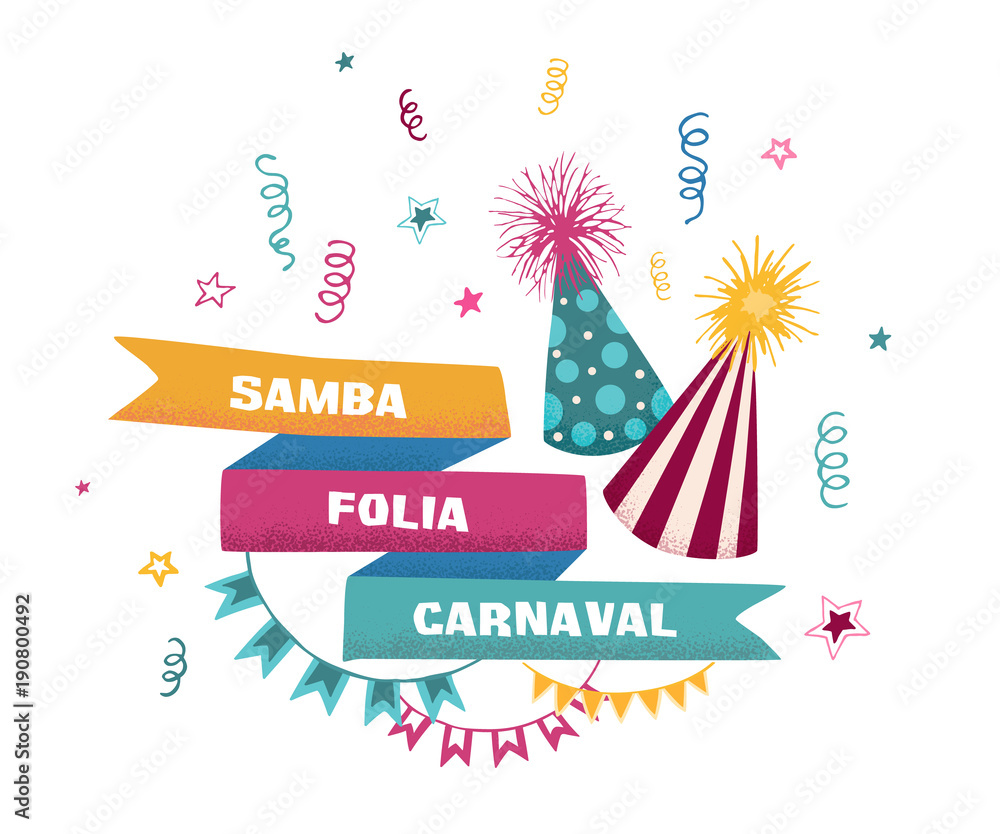 Samba,folia, carnaval. Masquerade banner template with carnaval symbols isolated on white background. Vector colorful funfair illustration with festive hats. Samba,folia, carnaval. Masquerade banner template with carnaval symbols isolated on white background. Vector colorful funfair illustration with festive hats.
