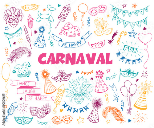 Hand drawn carnival objects set isolated on white background. Masqeurade design elements collection in line art style. Doodle carnival masks, feathers, firecrackers. Mardi grass traditional symbols.