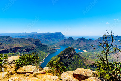 View of the highveld and the Blyde River Dam in the Blyde River Canyon Reserve, along the Panorama Route in Mpumalanga Province of South Africa photo