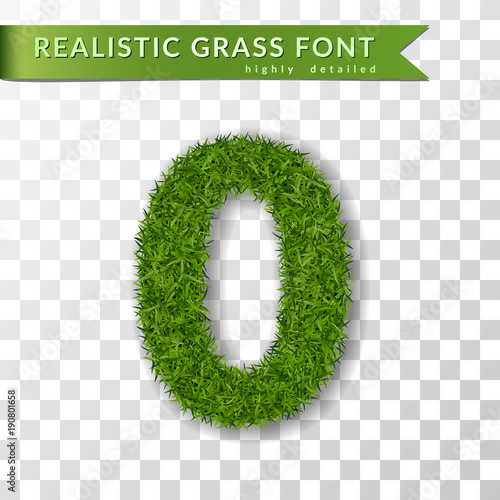 Grass number zero. Green number 0, isolated on white transparent background. Green grass 3D zero, fresh symbol of nature, plant lawn, summer. Grass texture spring font. Eco design. Vector illustration