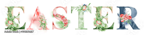 Photography Easter watercolor word design with floral bouquets and crown