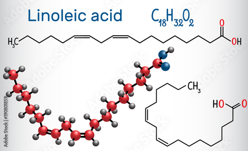 Linoleic acid (LA). Structural chemical formula and molecule model