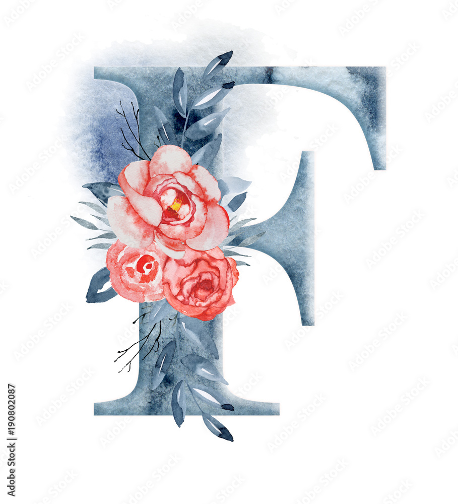 Floral watercolor alphabet. Monogram initial letter F design with ...