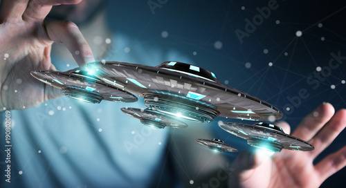 Businessman with retro UFO spaceship 3D rendering