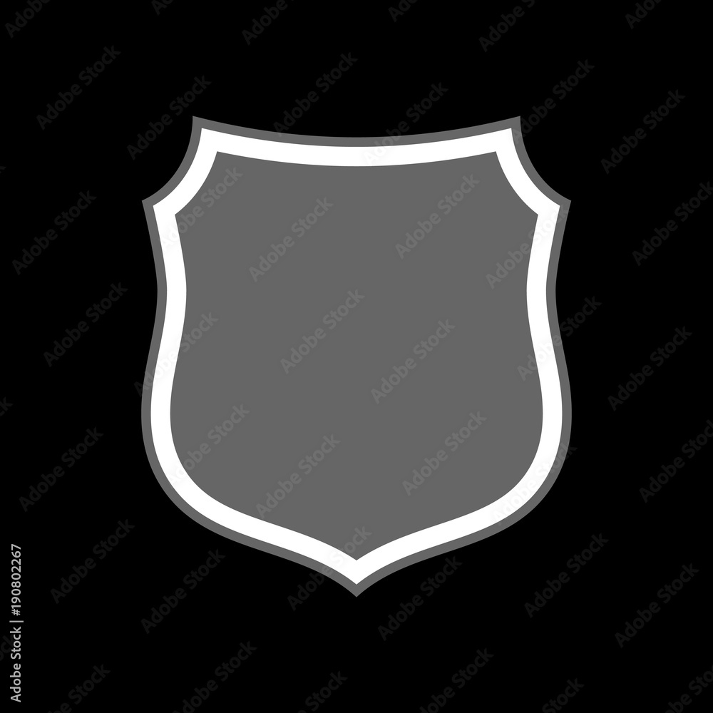 Shield shape icon. Gray label sign, isolated on black background. Symbol of protection, arms, security, safety. Flat retro style design. Element vintage heraldic emblem.. Vector illustration Shield shape icon. Gray label sign, isolated on black background. Symbol of protection, arms, security, safety. Flat retro style design. Element vintage heraldic emblem.. Vector illustration